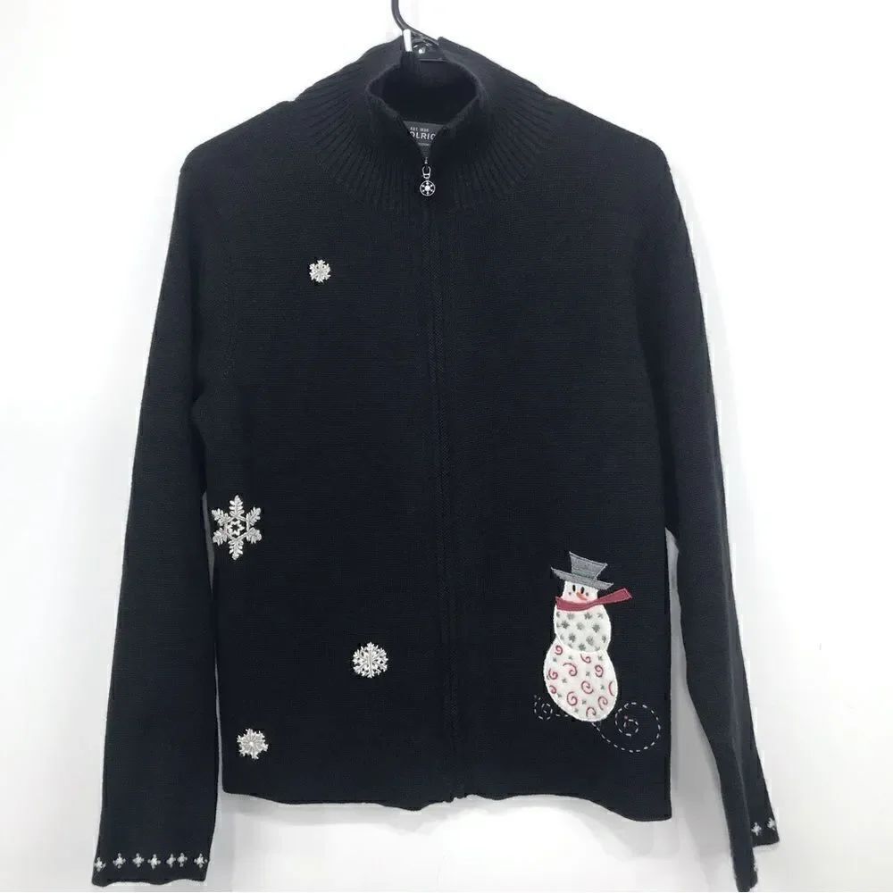 Woolrich Black Knit Snowman Snowflake Zip Up Cardigan Holiday Ski Lodge Sweater